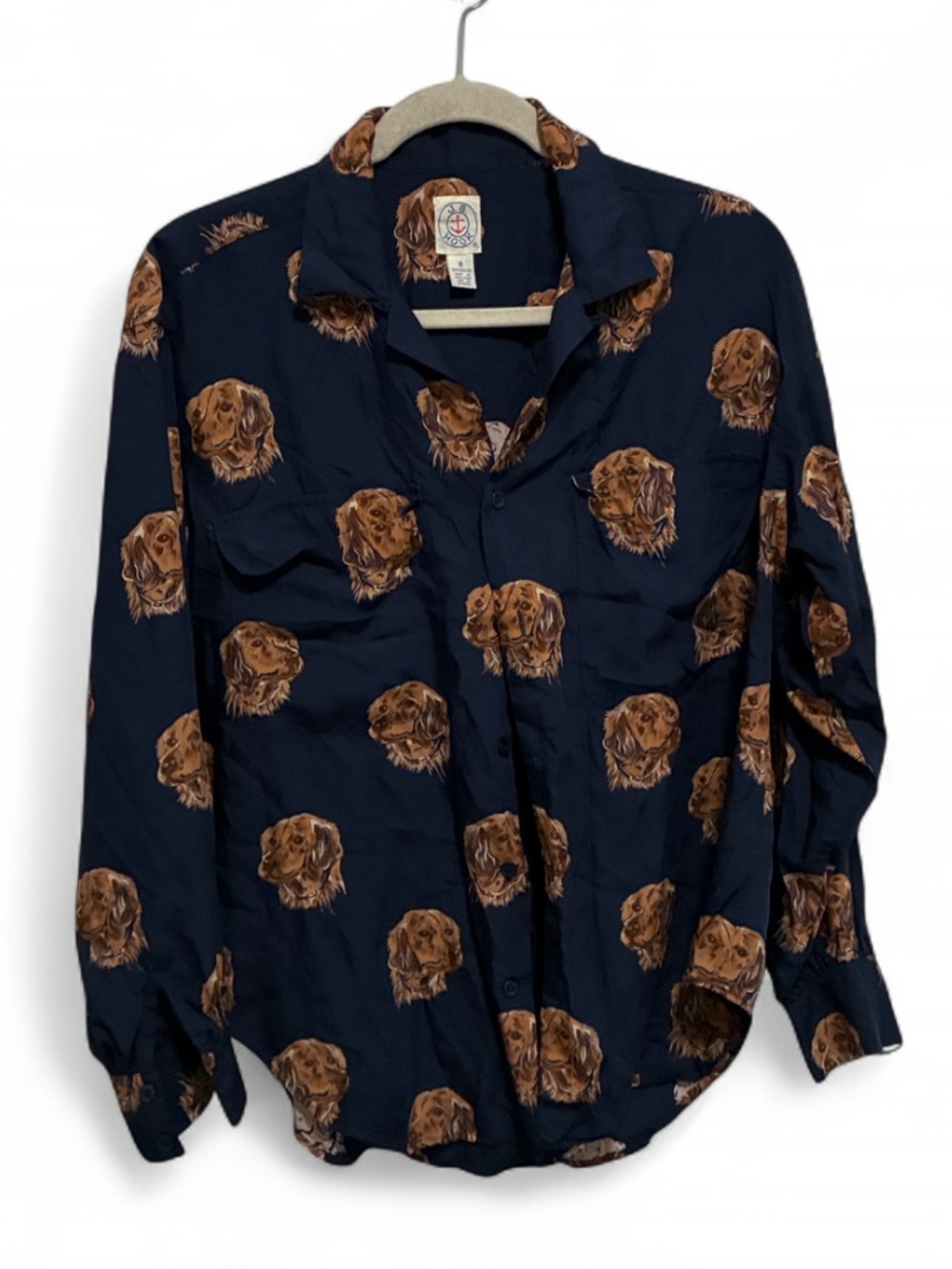 Vintage JG Hook Dog Print Dark Blue Button-Up Shirt with Brown Dog Print